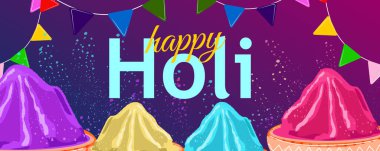 Long horizontal Holi banner with colorful powder in bowls at the bottom, decorative garland on top, and Happy Holi text clipart