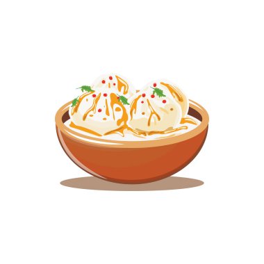 Bir kase Dahi Bhalla, geleneksel Hint atıştırmalığı. Beyaz arka planda yalıtılmış lor, baharat ve baharatla servis ediliyor.