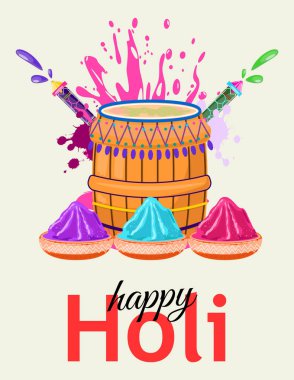 Renkli davullar, pikhkari ve pudra kaseleriyle Holi festivali için kart afişi, renk festivalini kutluyoruz.