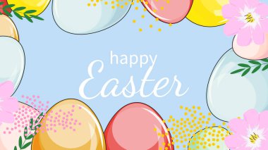 Yumurtalı Pastel Paskalya bayrağı, pembe çiçekler, ve noktalar, neşeli bahar kutlaması