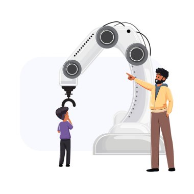 Zenci çocuk endüstriyel robot kolu gösteriyor. Çocuk dikkatle dinler. Teknoloji eğitimi kavramı