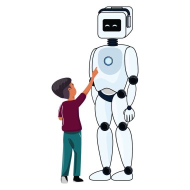 Çocuk göğüs düğmesi olan insansı robotu işaret ediyor. Yapay Zeka 'nın gerçek hayata ve eğitime entegrasyonunu resmediyor