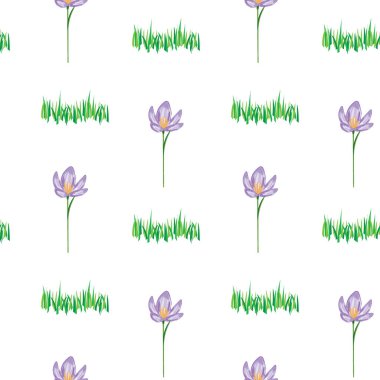 Beyaz arka planda, tekstil, parmak izi ve yüzeyler için çimen ve kruvazör çiçeklerinin pürüzsüz deseni tazeleniyor.