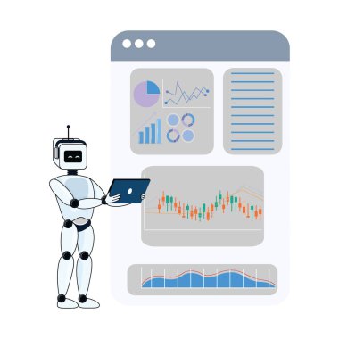 Dizüstü bilgisayarı olan robot, AI ticaret konsepti çizelgeleri ve grafiklerini gösteren web sayfası geçmişi