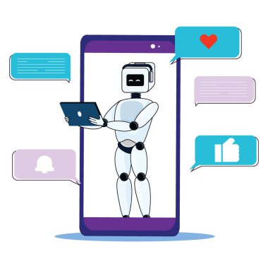 Cep telefonunda dizüstü bilgisayarı olan izole edilmiş bir robot. Sohbet baloncukları zil, baş parmak ve kalbi gösteriyor.