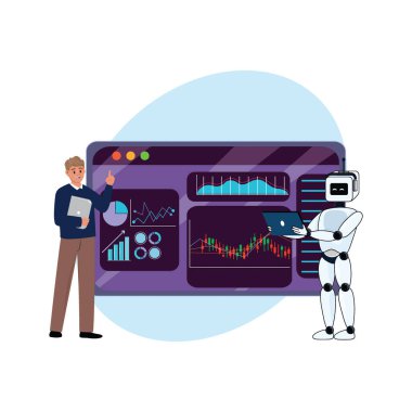 Diz üstü bilgisayarı işaret eden adam işaret parmağı, robot tutma cihazı, yapay zeka ticareti konsepti için arkaplan
