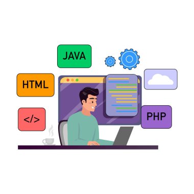 Masada kahve fincanı, PHP HTML JAVA simgeleri ve motor birimleriyle programlama