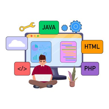 Adam dizüstü bilgisayarla oturuyor, yakına yerleştiriyor ve grafikleri ve kodlama sembollerini izliyor.