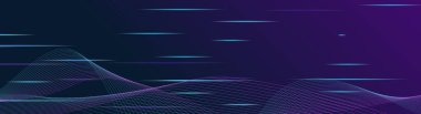 Teknoloji tasarımları için koyu mavi arkaplan üzerinde parlayan soyut çizgilere sahip uzun yatay afiş