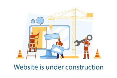 Web sitesi, dijital arayüz, vinç ve bakım elemanları inşa eden işçilerin çizimi altında