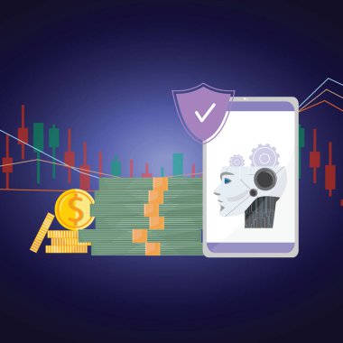 Yapay zeka ticareti ve yatırım konsepti için robot kafası, sikke, kalkan ve grafikleri gösteren telefon