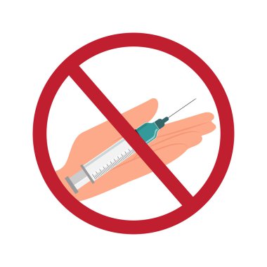Kırmızı işaretin altında mavi şırıngayı tutan, izole edilmiş, uyuşturucu ya da bağışıklık konseptini sembolize eden