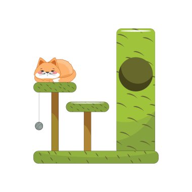 Platformlu yeşil kedi ağacı, tırmalama direği, ve dinlenen kedi, oynak ev hayvanı mobilyası, vektör illüstrasyonu