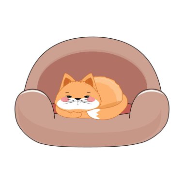 Şirin turuncu kedi kahverengi koltukta kıvrılmış, pembe yanaklar, rahat hayvan istirahati, çizgi film tarzı, beyaz tenli