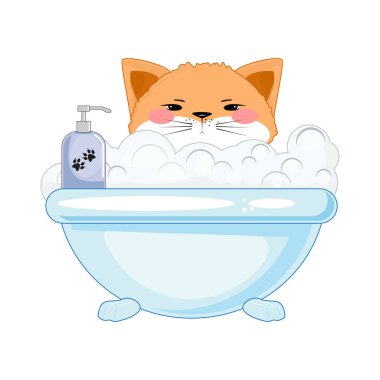 Mavi küvette baloncuklu turuncu kedi, evcil hayvan banyosu zamanı, şampuan şişesi, çizgi film tarzı, beyaz üzerine izole edilmiş.