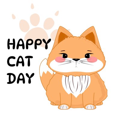 Turuncu kedili mutlu kedi günü kartı, pembe yanaklar, oturma pozu, pençe izi, çizgi film tarzı, şenlikli selamlaşma