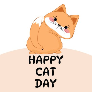 Tatlı turuncu çizgi film kedisi eğilmiş kafa, pembe yanaklar, tüylü kuyruk, Mutlu Kedi Günü metni, beyaz üzerine izole edilmiş.