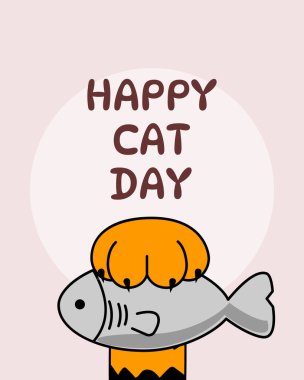 Kedi pençeli balık, Mutlu Kedi Günü metni, turuncu ve kahverengi, neşeli hayvan bayramı, çizgi film vektör sanatı