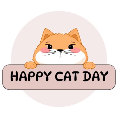 Pembe yanaklı turuncu çizgi film kedisi Mutlu Kedi Günü tabelası taşıyor, neşeli bir hayvan, beyaz üzerinde izole edilmiş.