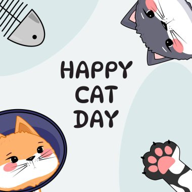 Çizgi film kedileri, pençeleri, balık iskeleti, neşeli hayvan bayramı, eğlenceli vektör çizimleri ile Mutlu Kedi Günü