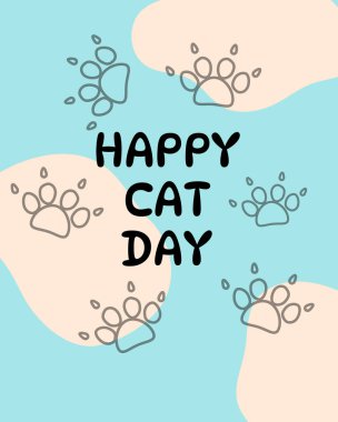 Pençe izli Mutlu Kedi Günü kartı, mavi ve bej arkaplan, modern minimalist tasarım, şenlikli selamlama
