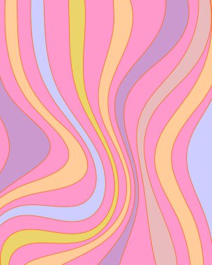 Pembe, sarı, mor, mavi, psikedelik dalgalı çizgiler. Retrogroovy desen, pürüzsüz vektör, kalın dekor