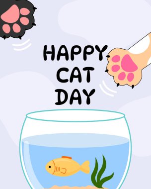 Çizgi filmlerdeki kedi patileri, pembe pedler, akvaryumdaki kırmızı balıklar, neşeli evcil hayvan sahneleri, vektör illüstrasyonlarıyla Mutlu Kedi Günleri