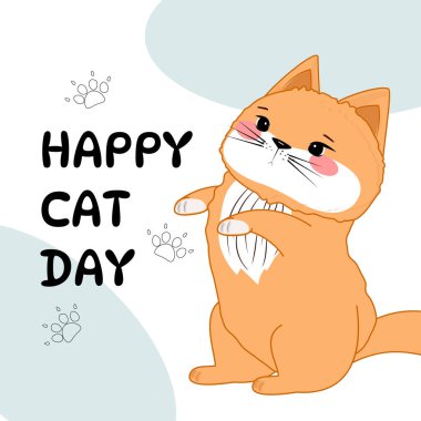 Turuncu kedili Mutlu Kedi Günü posteri, pembe yanaklar, ayakta duruş, çizgi film tarzı, neşeli hayvan selamlaması