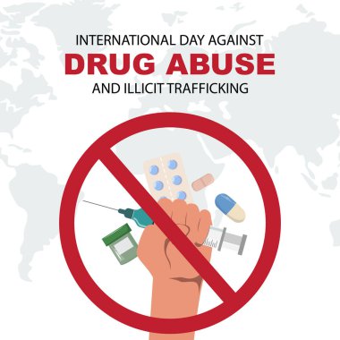 Elinizde büyük bir şırınga, haplar ve uyuşturucular yasak işaret altında, dünya haritası, uyuşturucu karşıtı farkındalık kavramı