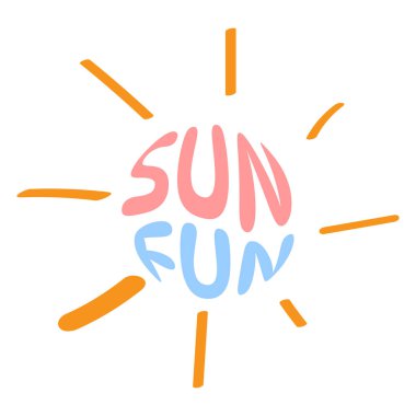 Güneşli yazı ile el çizimi güneş, neşeli yazlık harfler, parlak ışınlar, neşeli vektör, çocuk dekorasyonu