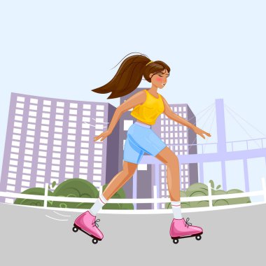 Kız buz pateni şehir dışında, aktif yaşam tarzı, yaz sporu, şehir fitness, modern vektör illüstrasyonu