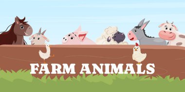 Şirin çiftlik hayvanları. At, keçi, domuz, koyun, eşek, inek, tavuk, vektör illüstrasyonlu afiş.