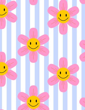 Mavi ve beyaz çizgili arka planda gülümseyen pembe çiçekli desen, şirin ve oyuncu tasarım