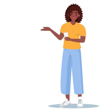 Kendine güvenen kıvırcık saçlı, akıllı telefon, günlük kıyafet, dostça bir jest, modern vektör illüstrasyonu...