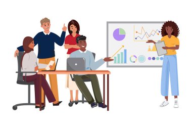 Ofis toplantılarında çeşitli iş adamları, çizelgeleri analiz, takım çalışması, veri sunumu, modern vektör illüstrasyonu