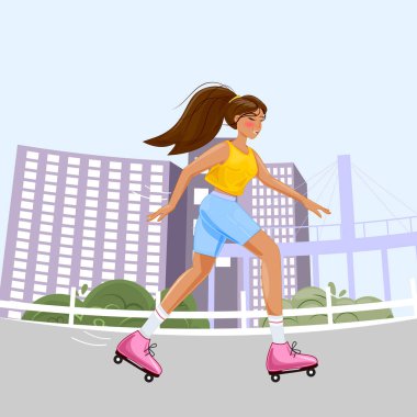 Kız buz pateni şehir dışında, aktif yaşam tarzı, yaz sporu, şehir fitness, modern vektör illüstrasyonu