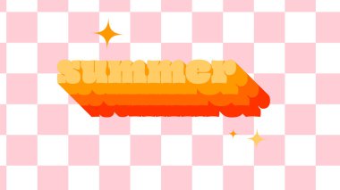 Turuncu gölgeli yaz metni, retro tipografi, pembe dama tahtası, parıltılar, oyuncu vektör, moda arka plan