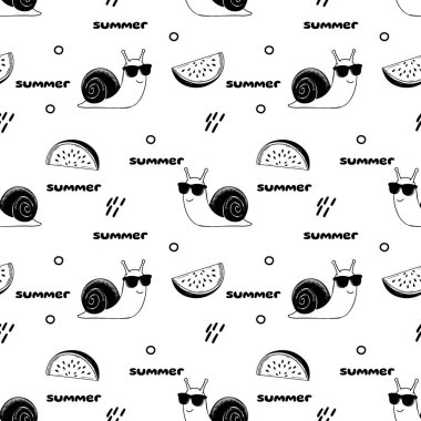 Güneş gözlüklü serin salyangozlar, karpuz ve kivi, komik bir arka plan.
