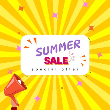 Megafonlu yaz satışı duyurusu, sarı güneş patlaması arkaplanlı özel teklif metni