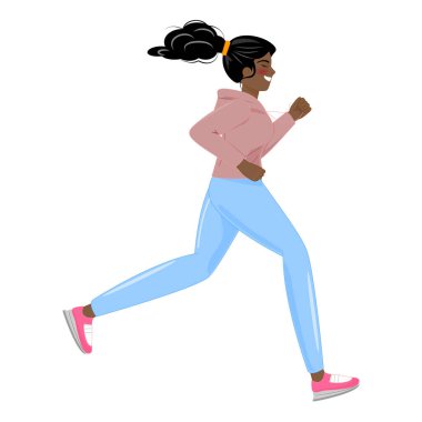 Pembe kapüşonlu koşan siyah kadın, spor, sağlıklı yaşam tarzı, koşu, modern vektör illüstrasyonu