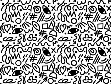 Kusursuz soyut Memphis deseni, siyah karalama geometrik şekiller, modaya uygun el çizimi arka plan