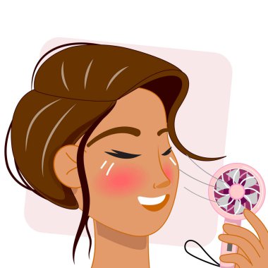 Kahverengi saçlı, soğuk yüzlü pembe pervaneli, yaz sıcağı giderici, gülümseyen, modern bir illüstrasyon.