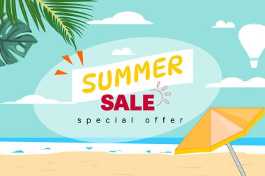 Plajda yaz indirimi afişi, palmiye yaprakları, turuncu şemsiye, kum, mavi gökyüzü, sıcak hava balonu, vektör illüstrasyonu