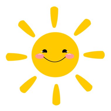 Sevimli güneş karalaması, gülen yüz, sarı ışınlar, basit çizgi sanat, çocuk çizgi filmi, mutlu dekorasyon, neşeli yaz 