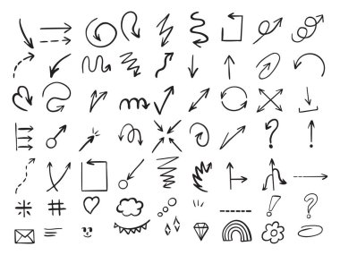 El çizimi oklar, girdaplar, karalama setleri, karikatür simgeleri, dekoratif çizim elementleri, beyazın üzerine siyah