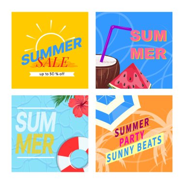 Dört yaz boyunca sunulan şablonlar, güneş, hindistan cevizi, karpuz, havuz, şemsiye, can simidi, parti, tropikal