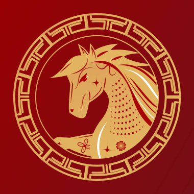 Atın Yeni Yılı. Çin burcu at sembolü, kırmızı arkaplanda altın çizimi. Dekoratif sınır, zarif kültür sanatı 
