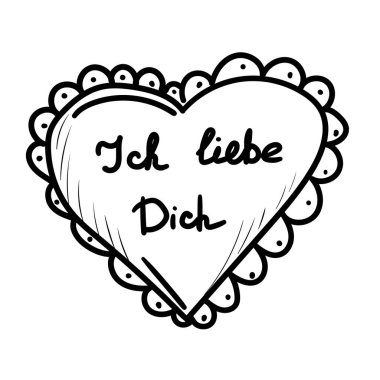 El yapımı kalp şeklinde zencefilli çörek, Alman metni Ich liebe Dich. Aşk, romantizm, fırın ya da Ekim Festivali gibi gelenekler için hoş bir taslak.