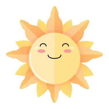 Gül yanaklı gülen güneş ikonu, dost canlısı kawaii vektörü.
