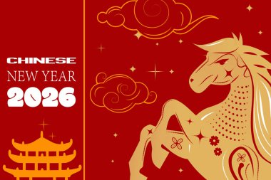Çin Yeni Yıl 2026 selamlaması, altın at illüstrasyonu, kırmızı festival arka planı, şanslı bulutlar, kültür.